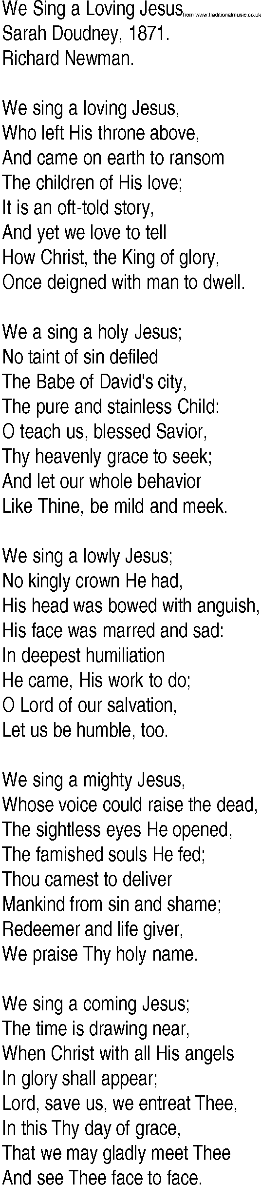 Hymn and Gospel Song: We Sing a Loving Jesus by Sarah Doudney lyrics