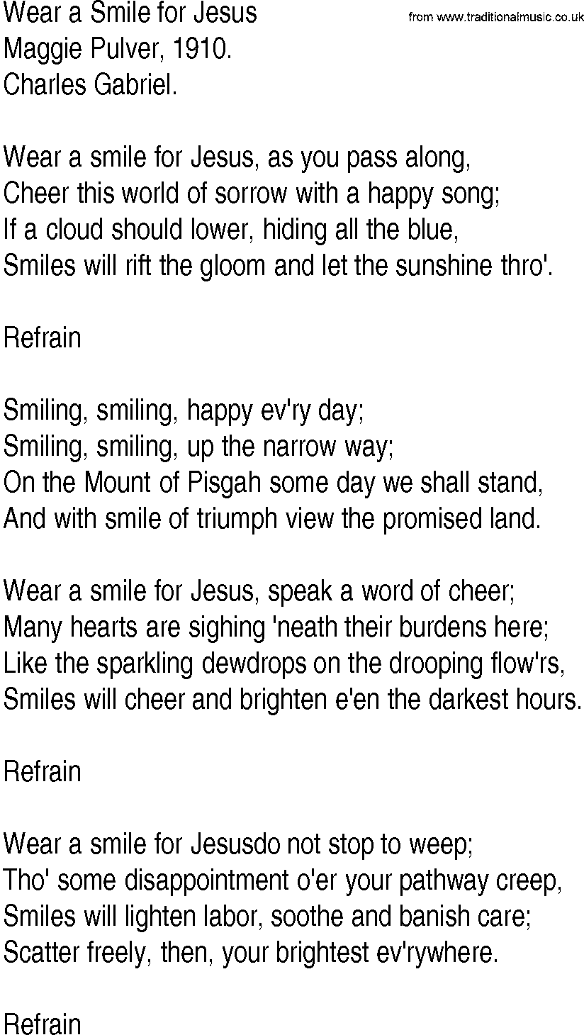 Hymn and Gospel Song: Wear a Smile for Jesus by Maggie Pulver lyrics