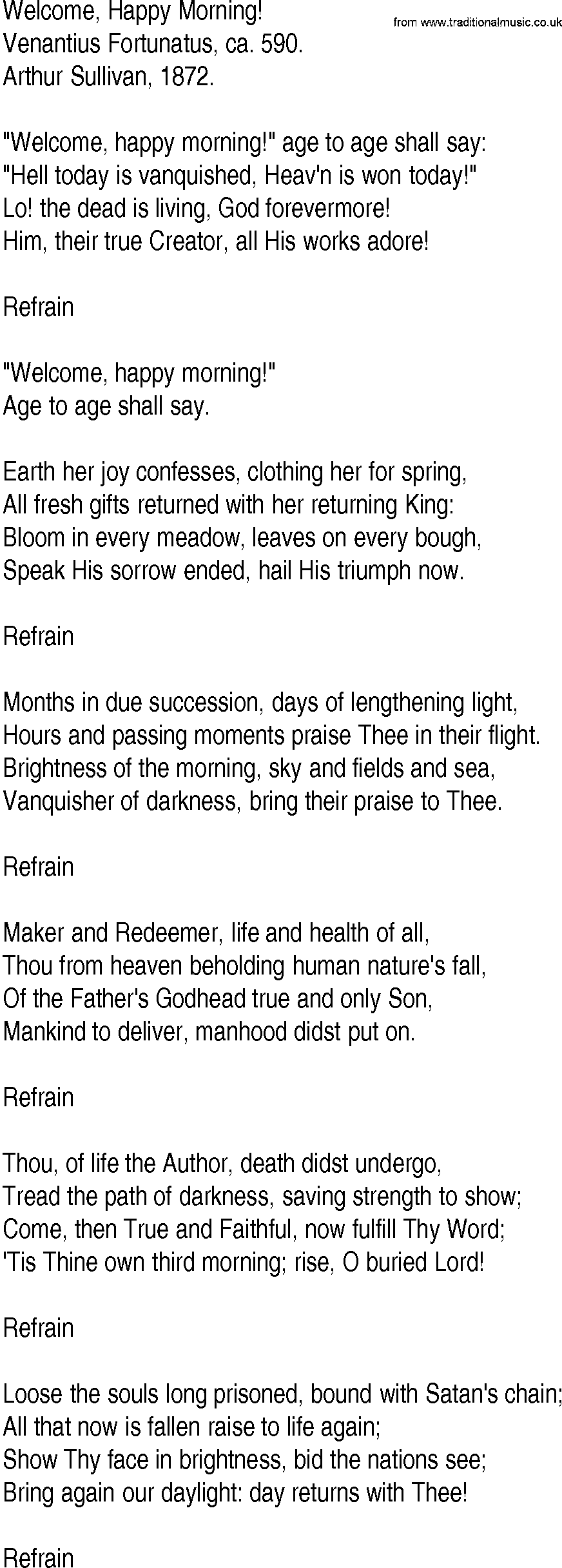Hymn and Gospel Song: Welcome, Happy Morning! by Venantius Fortunatus ca lyrics