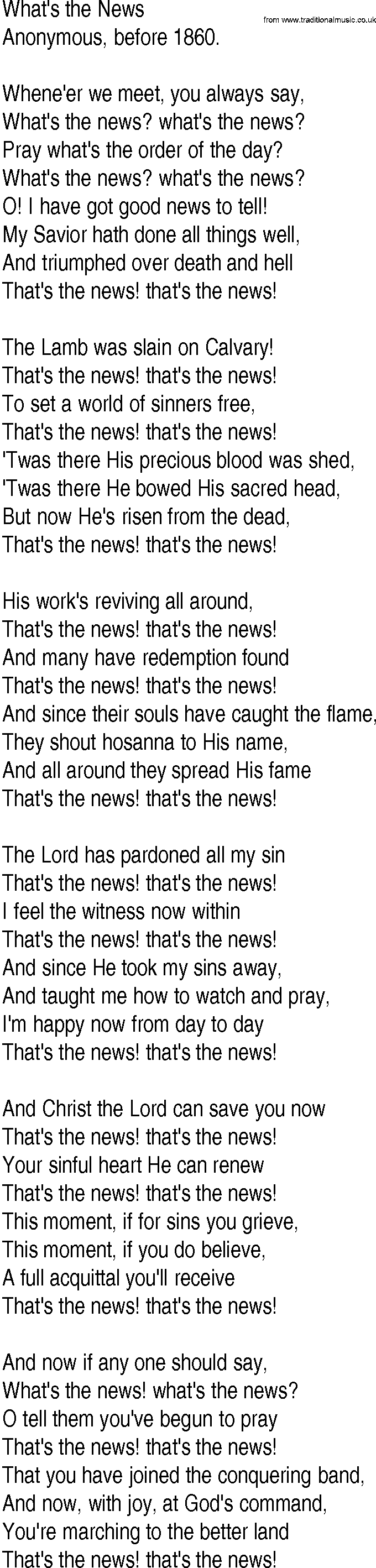 Hymn and Gospel Song: What's the News by Anonymous before lyrics