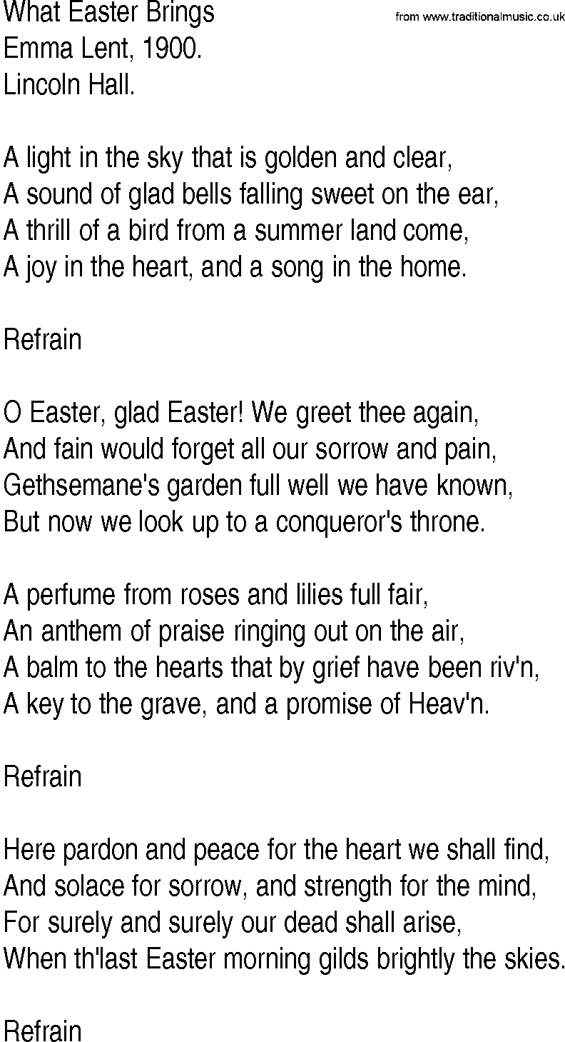 Hymn and Gospel Song: What Easter Brings by Emma Lent lyrics