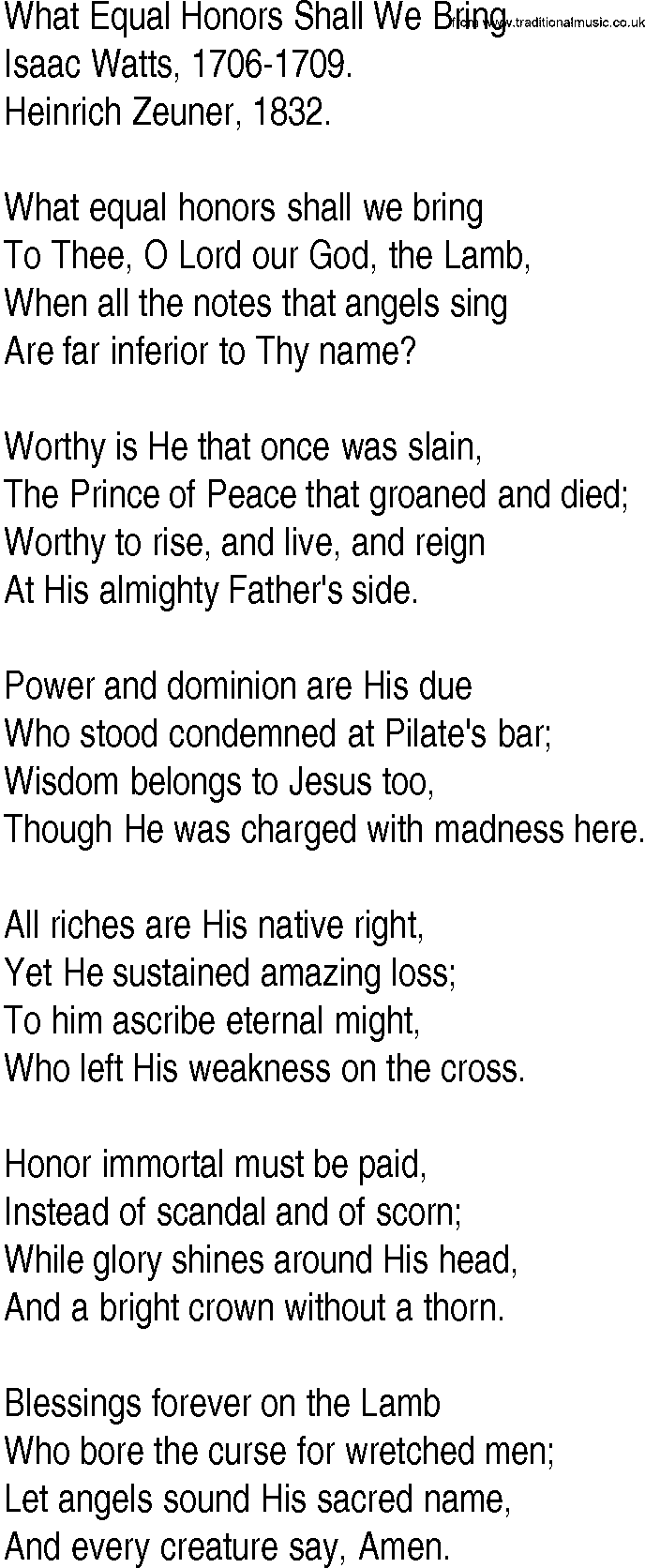 Hymn and Gospel Song: What Equal Honors Shall We Bring by Isaac Watts lyrics