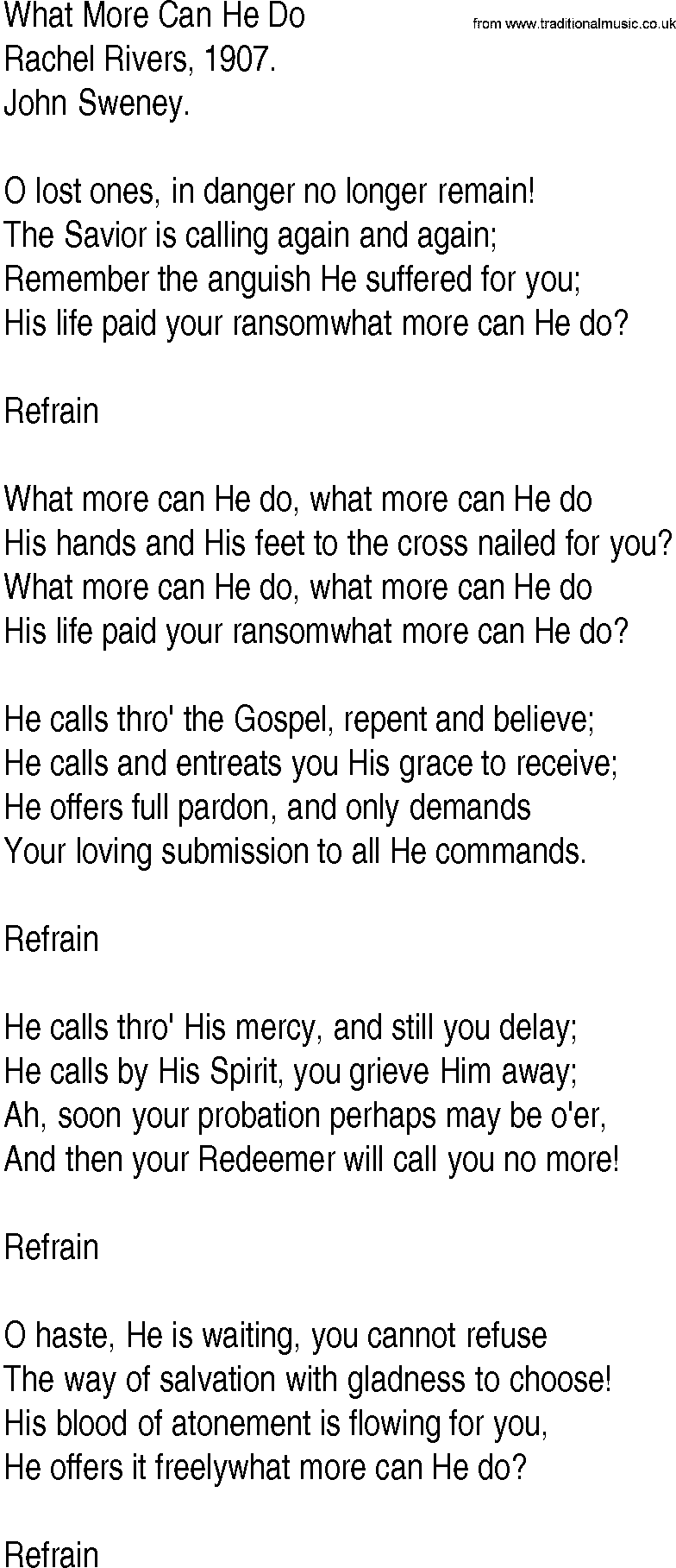 Hymn and Gospel Song: What More Can He Do by Rachel Rivers lyrics