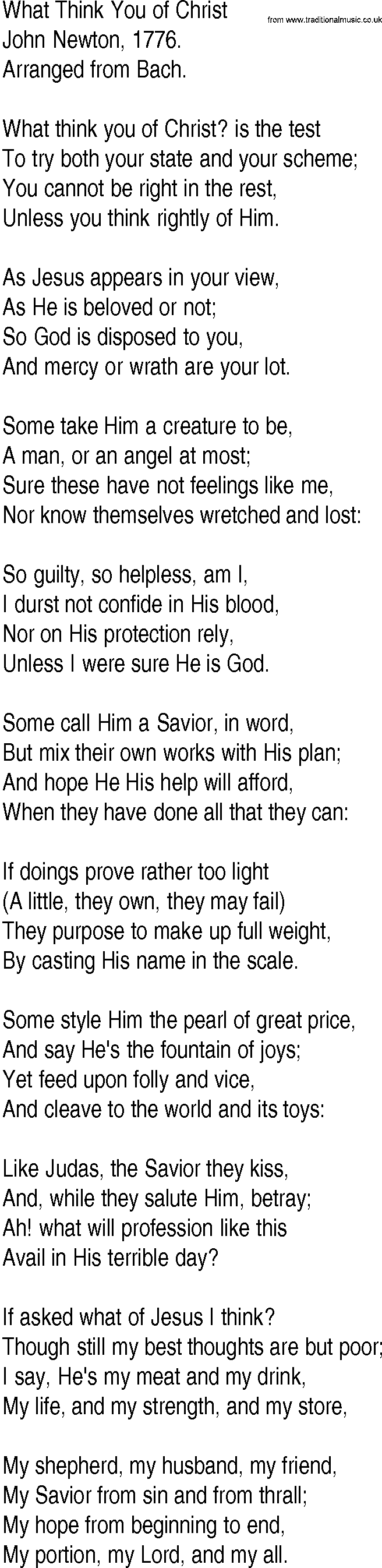 Hymn and Gospel Song: What Think You of Christ by John Newton lyrics