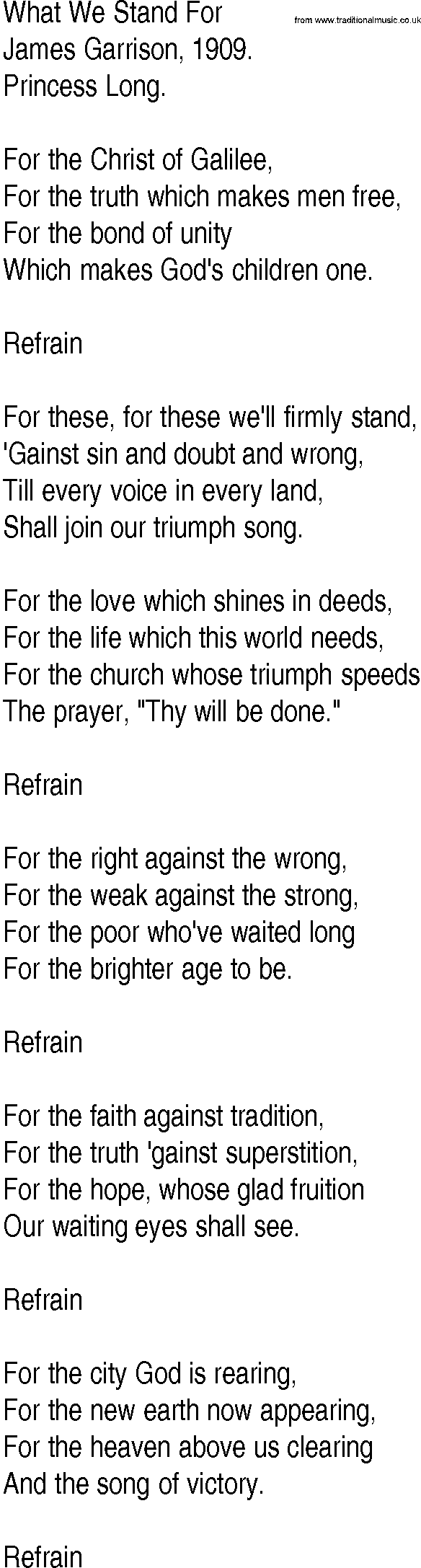 Hymn and Gospel Song: What We Stand For by James Garrison lyrics