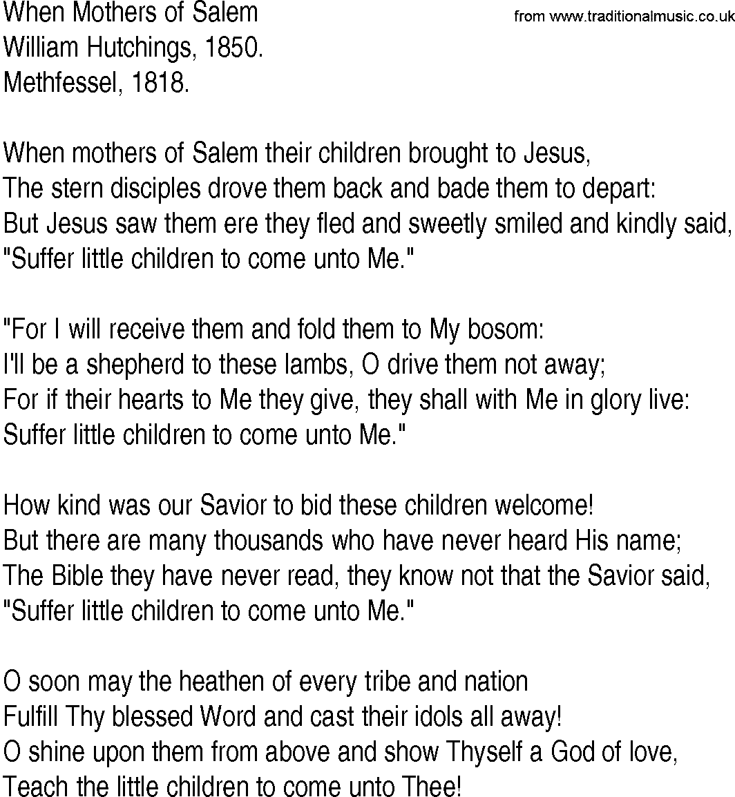 Hymn and Gospel Song: When Mothers of Salem by William Hutchings lyrics