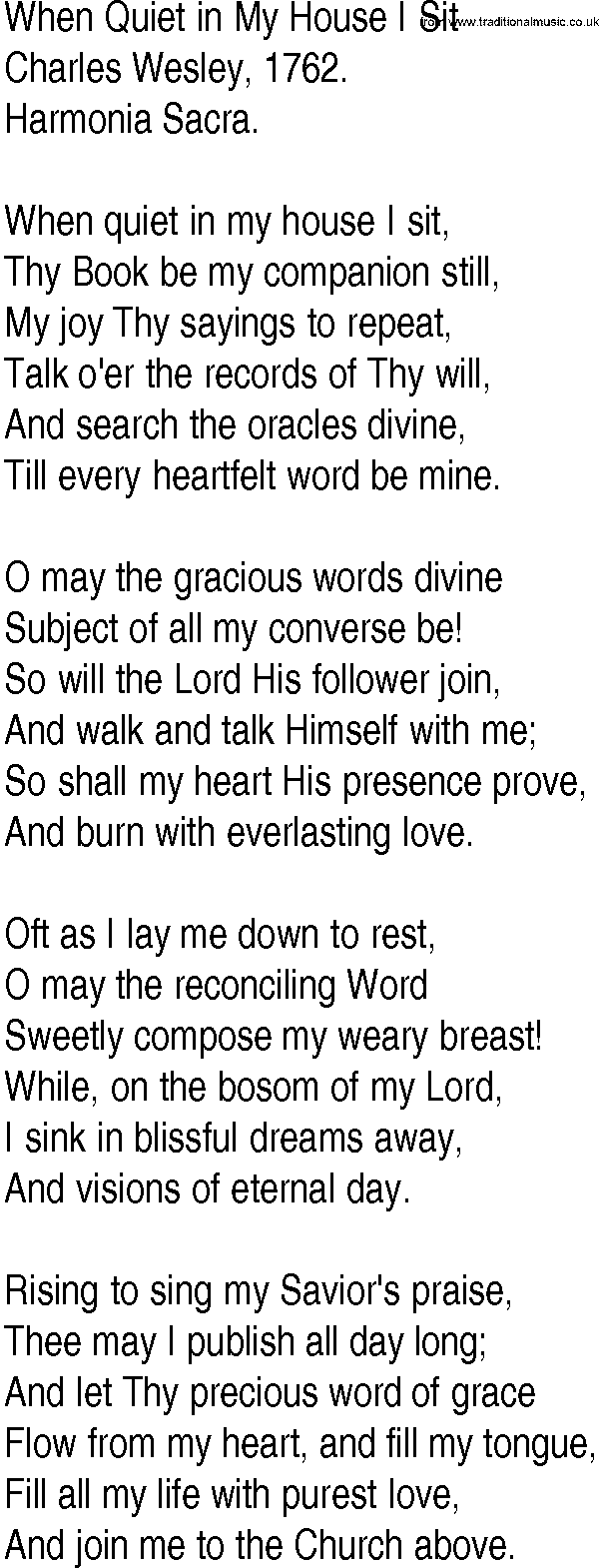 Hymn and Gospel Song: When Quiet in My House I Sit by Charles Wesley lyrics