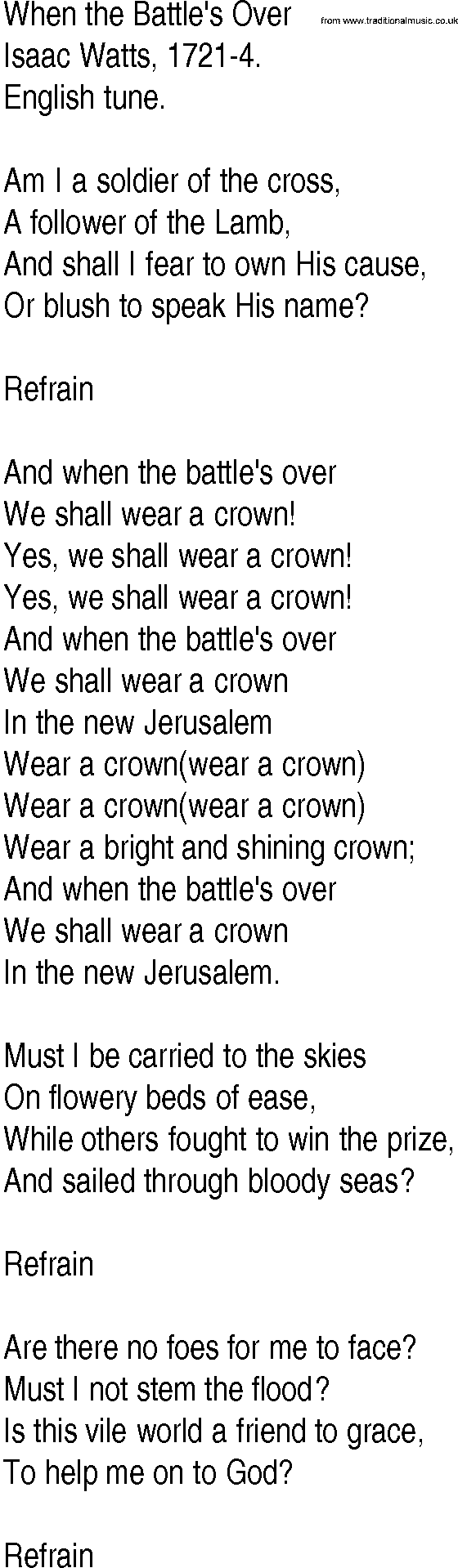 Hymn and Gospel Song: When the Battle's Over by Isaac Watts lyrics