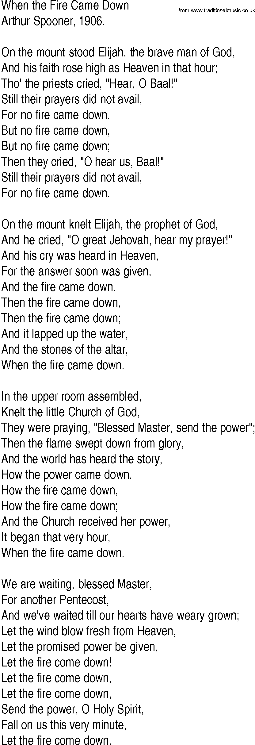 Hymn and Gospel Song: When the Fire Came Down by Arthur Spooner lyrics