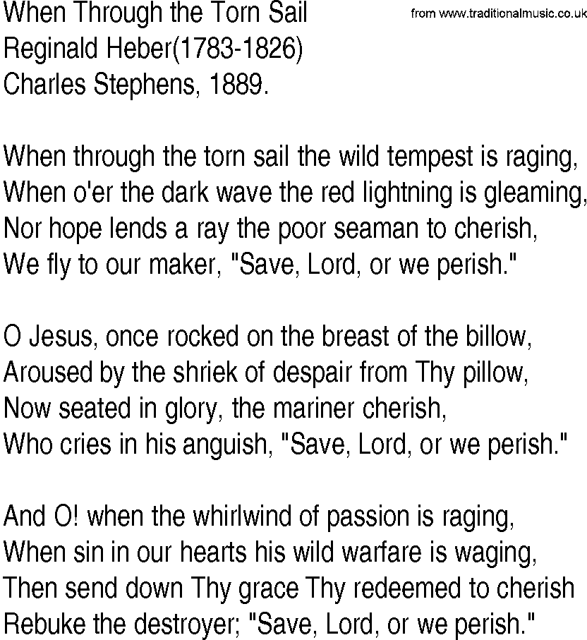 Hymn and Gospel Song: When Through the Torn Sail by Reginald Heber lyrics