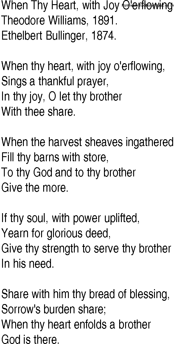 Hymn and Gospel Song: When Thy Heart, with Joy O'erflowing by Theodore Williams lyrics