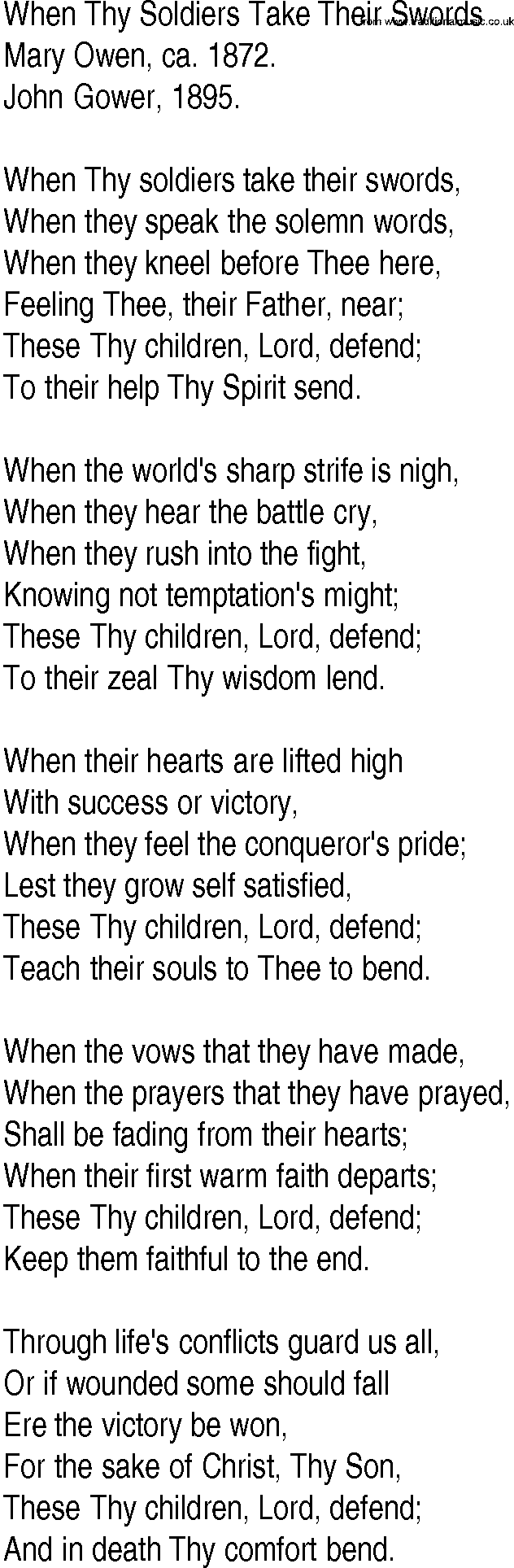Hymn and Gospel Song: When Thy Soldiers Take Their Swords by Mary Owen ca lyrics