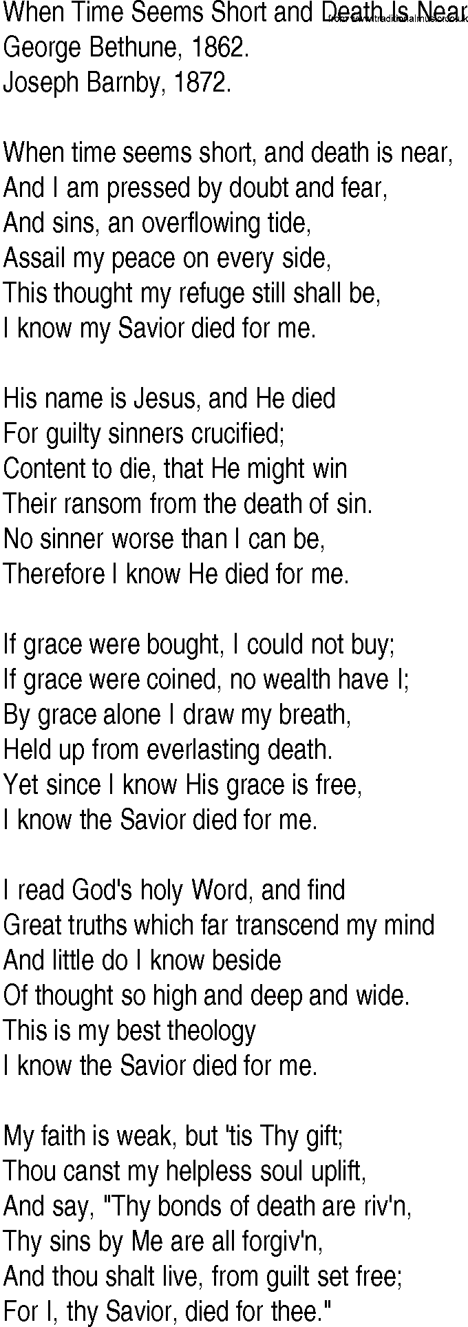 Hymn and Gospel Song: When Time Seems Short and Death Is Near by George Bethune lyrics