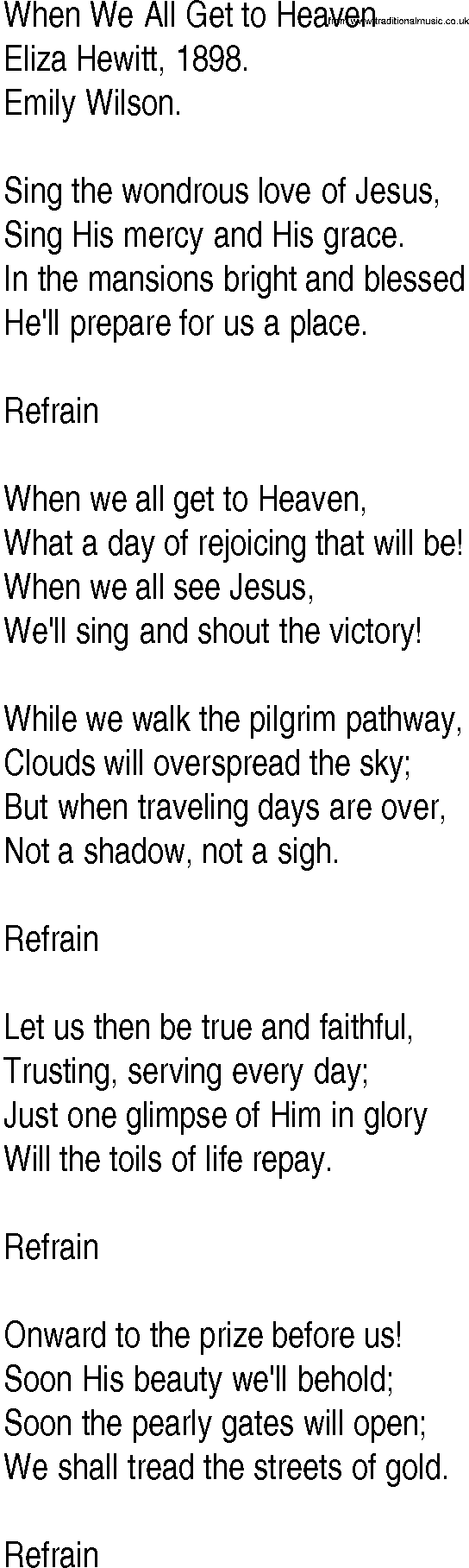 Hymn and Gospel Song: When We All Get to Heaven by Eliza Hewitt lyrics