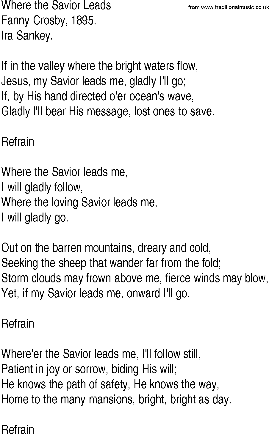 Hymn and Gospel Song: Where the Savior Leads by Fanny Crosby lyrics