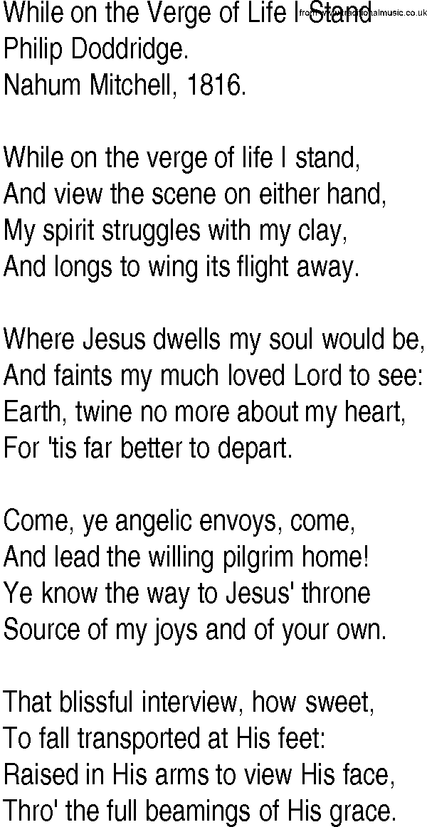 Hymn and Gospel Song: While on the Verge of Life I Stand by Philip Doddridge lyrics