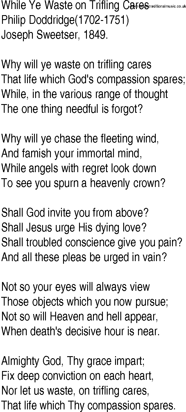 Hymn and Gospel Song: While Ye Waste on Trifling Cares by Philip Doddridge lyrics