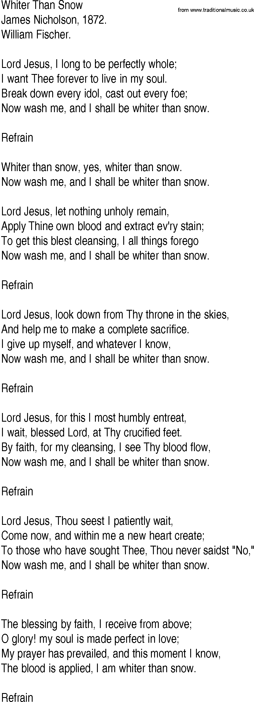 Hymn and Gospel Song: Whiter Than Snow by James Nicholson lyrics