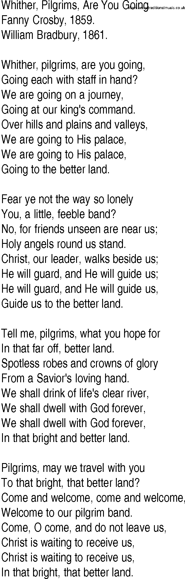 Hymn and Gospel Song: Whither, Pilgrims, Are You Going by Fanny Crosby lyrics