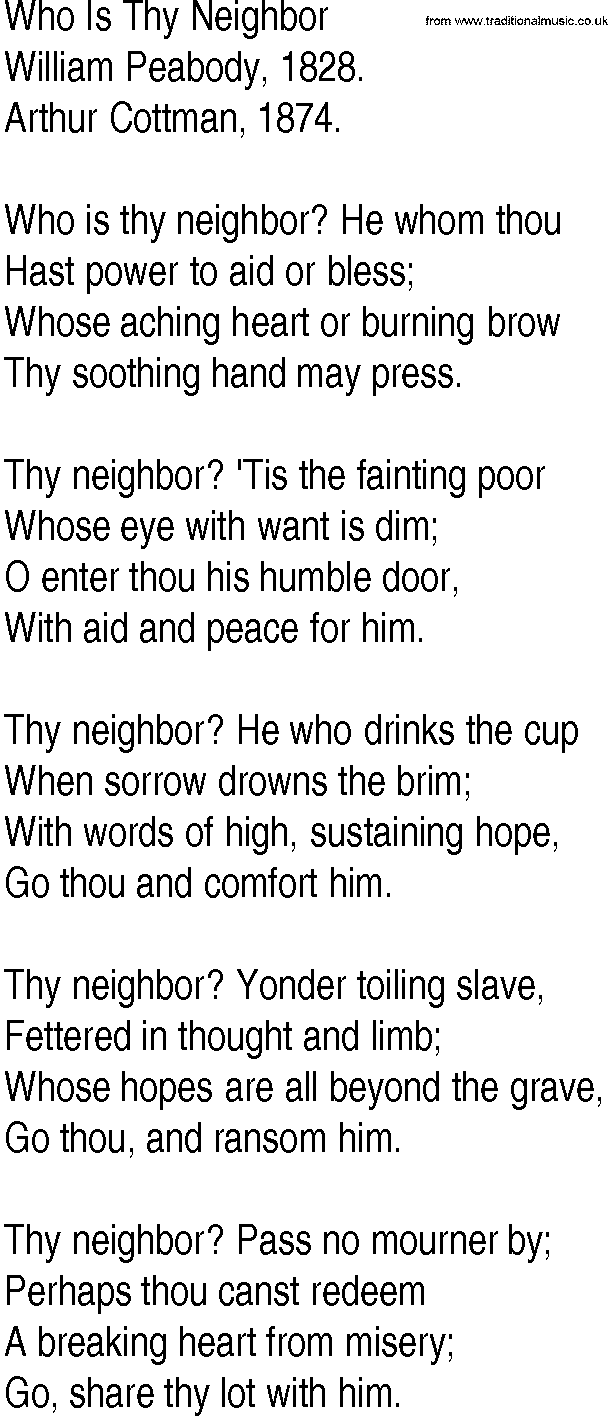 Hymn and Gospel Song: Who Is Thy Neighbor by William Peabody lyrics