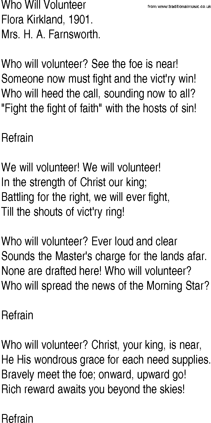 Hymn and Gospel Song: Who Will Volunteer by Flora Kirkland lyrics
