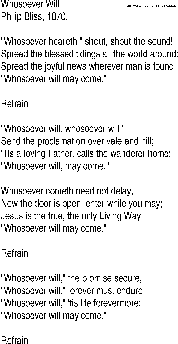 Hymn and Gospel Song: Whosoever Will by Philip Bliss lyrics