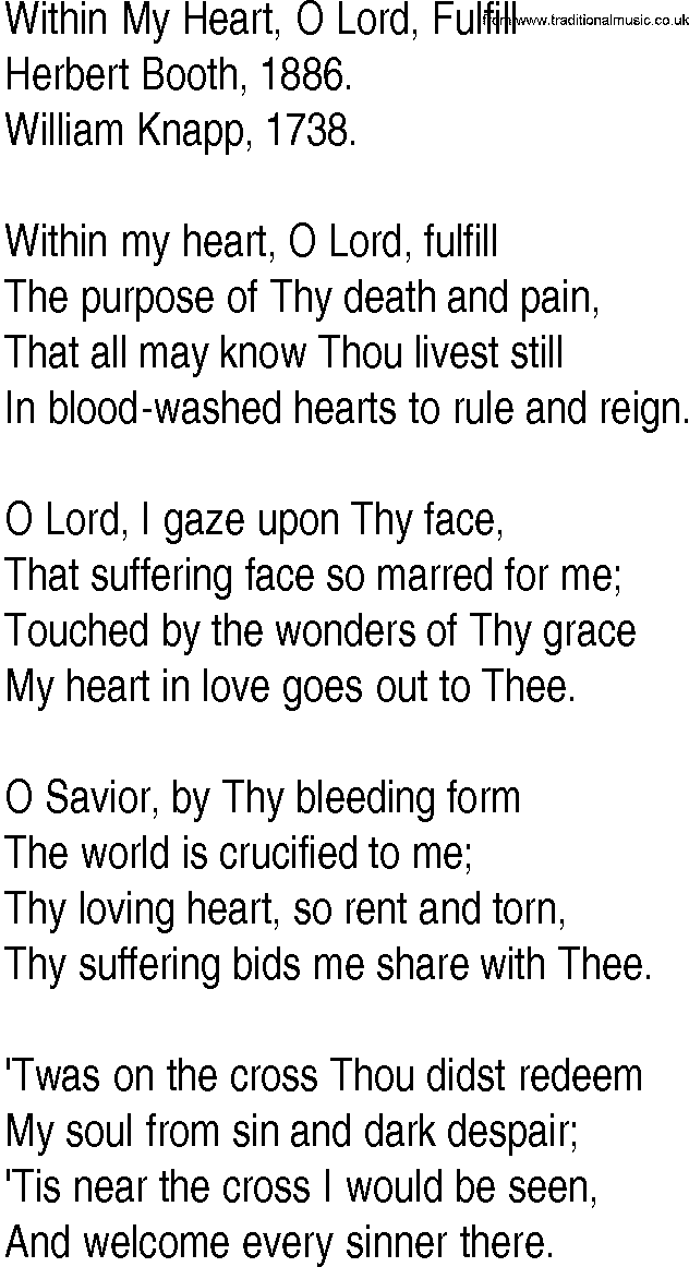 Hymn and Gospel Song: Within My Heart, O Lord, Fulfill by Herbert Booth lyrics