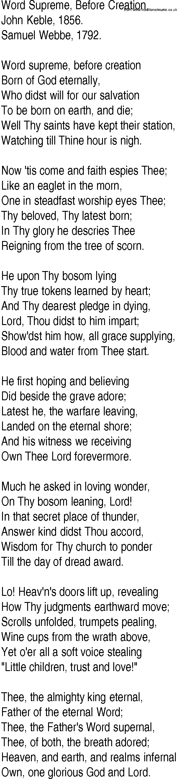 Hymn and Gospel Song: Word Supreme, Before Creation by John Keble lyrics