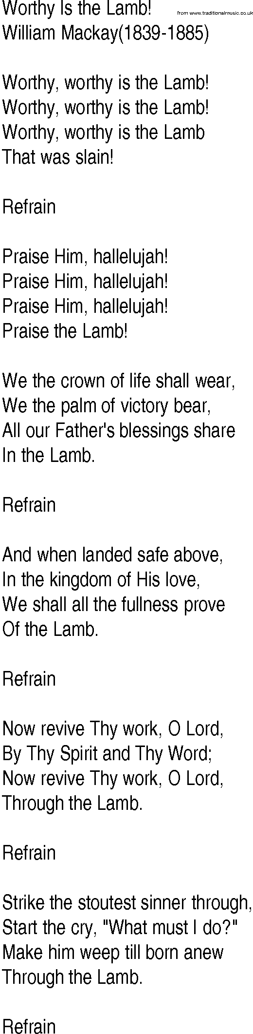 Hymn and Gospel Song: Worthy Is the Lamb! by William Mackay lyrics