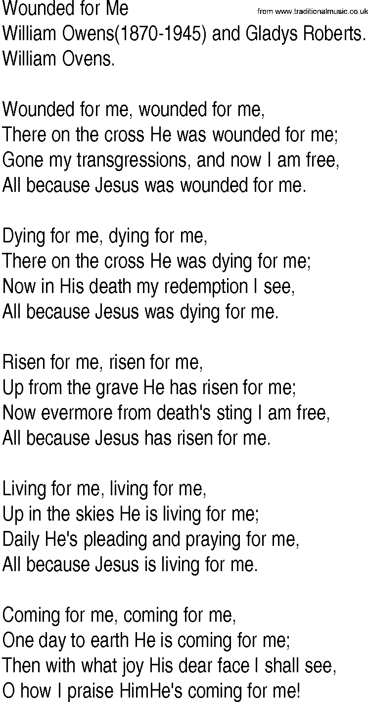 Hymn and Gospel Song: Wounded for Me by William Owens and Gladys Roberts lyrics