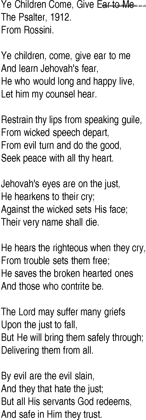 Hymn and Gospel Song: Ye Children Come, Give Ear to Me by The Psalter lyrics