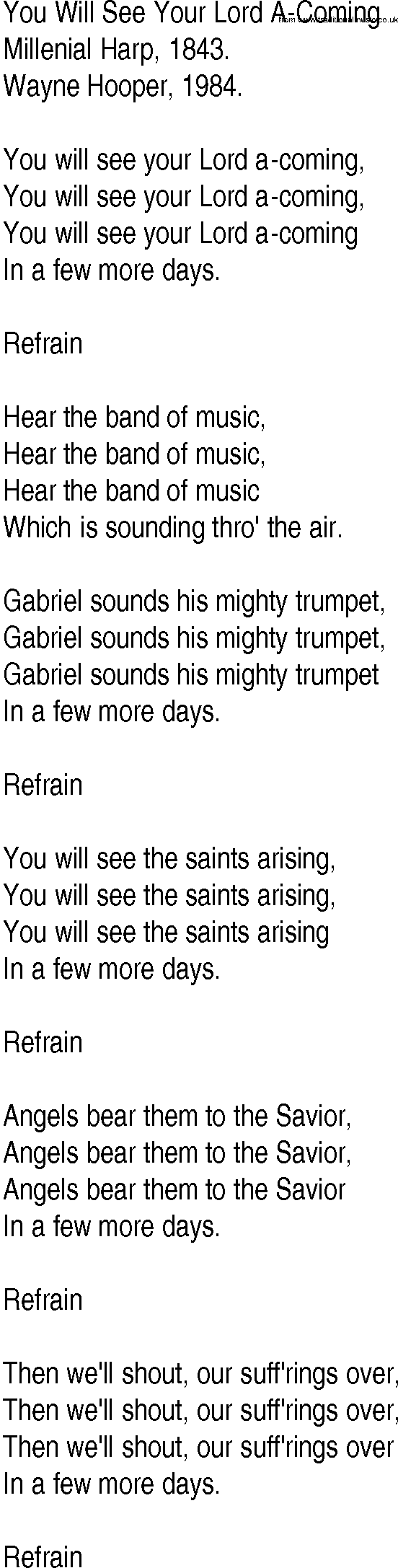 Hymn and Gospel Song: You Will See Your Lord A-Coming by Millenial Harp lyrics