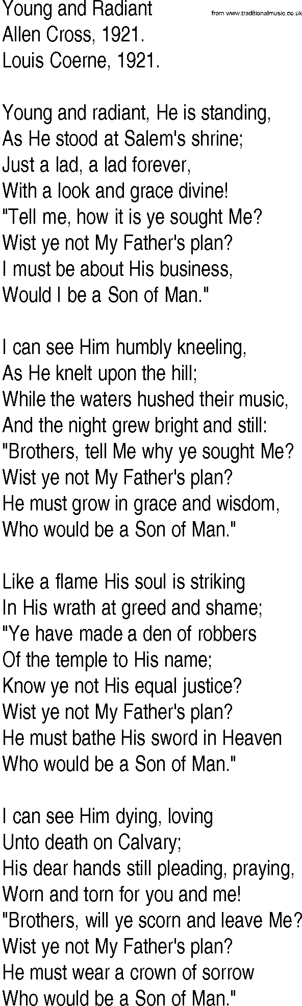 Hymn and Gospel Song: Young and Radiant by Allen Cross lyrics