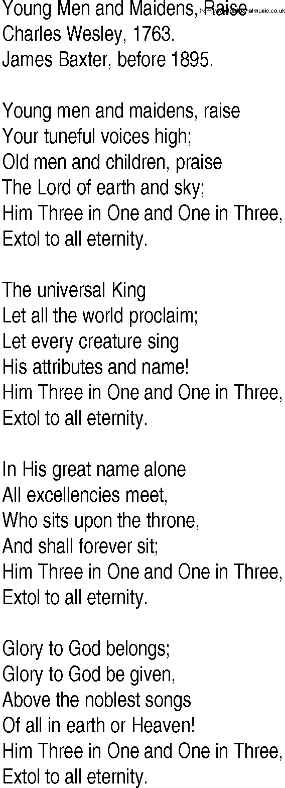 Hymn and Gospel Song: Young Men and Maidens, Raise by Charles Wesley lyrics