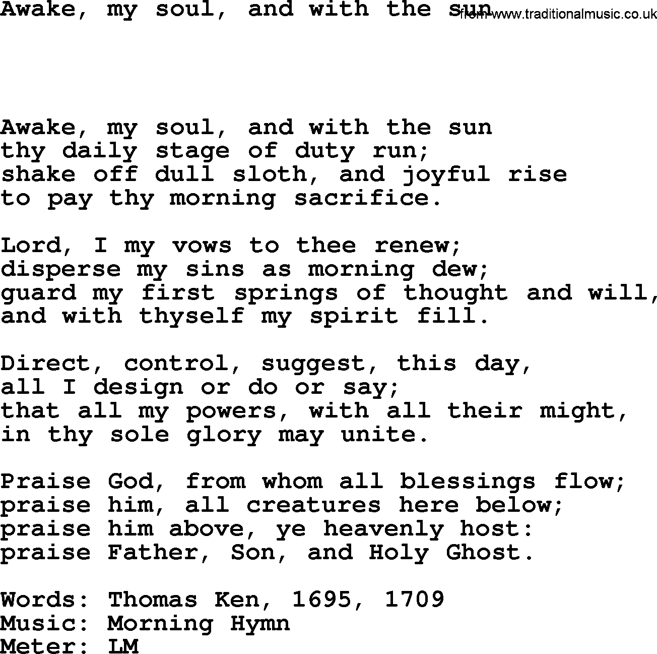 Hymns Ancient and Modern Hymn: Awake, My Soul, And With The Sun, lyrics with midi music