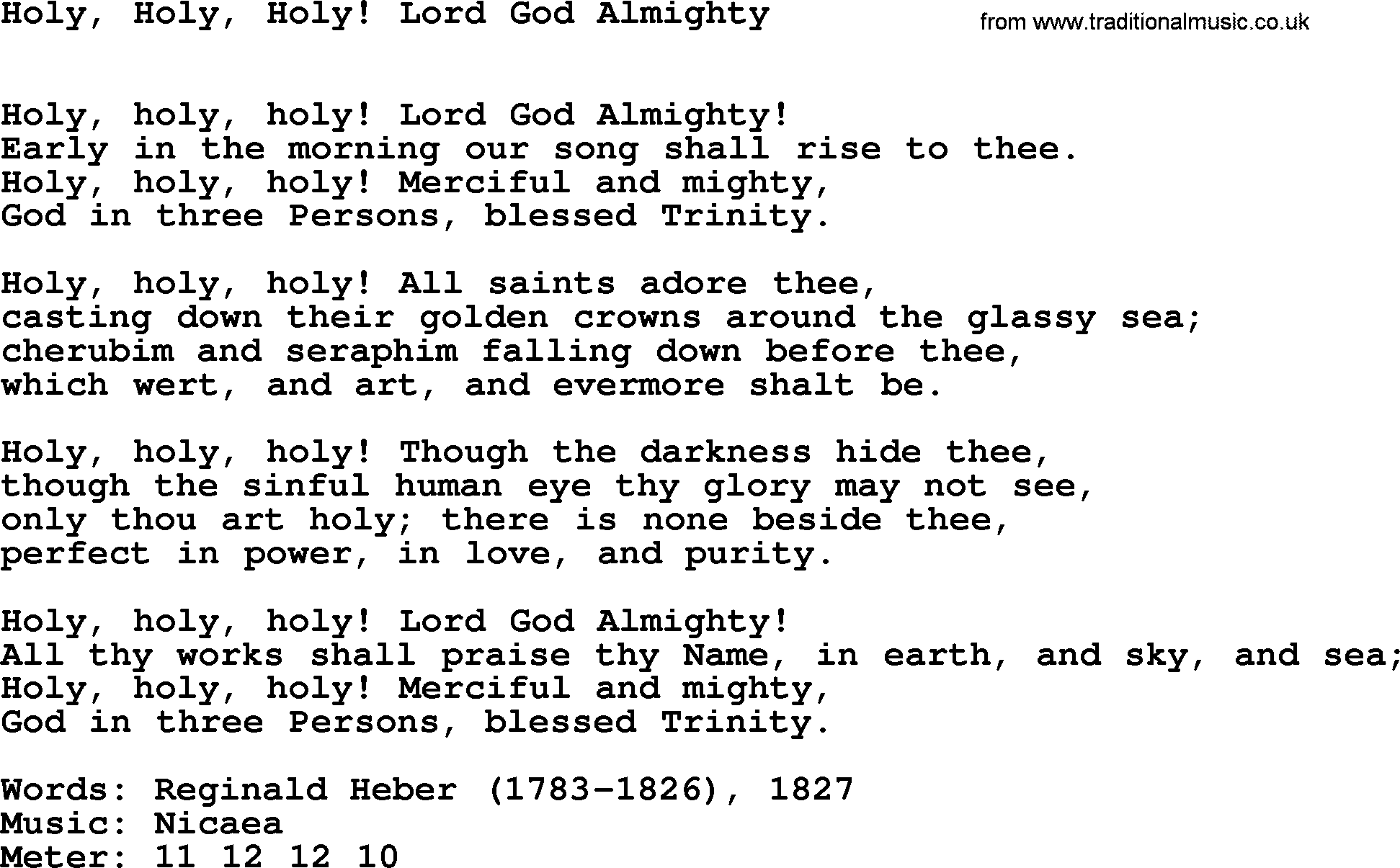 Hymns Ancient and Modern Hymn: Holy, Holy, Holy! Lord God Almighty, lyrics with midi music