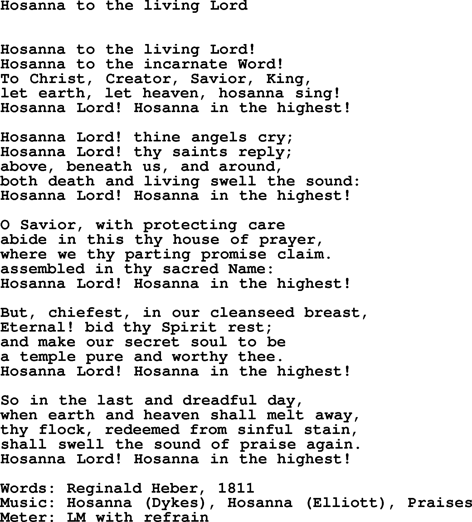 Hymns Ancient and Modern Hymn: Hosanna To The Living Lord, lyrics with midi music