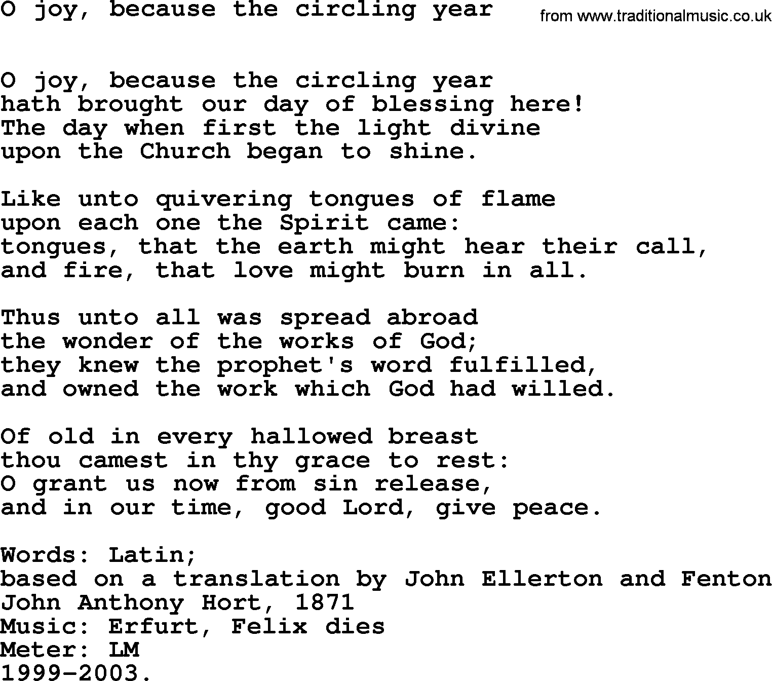 Hymns Ancient and Modern Hymn: O Joy, Because The Circling Year, lyrics with midi music