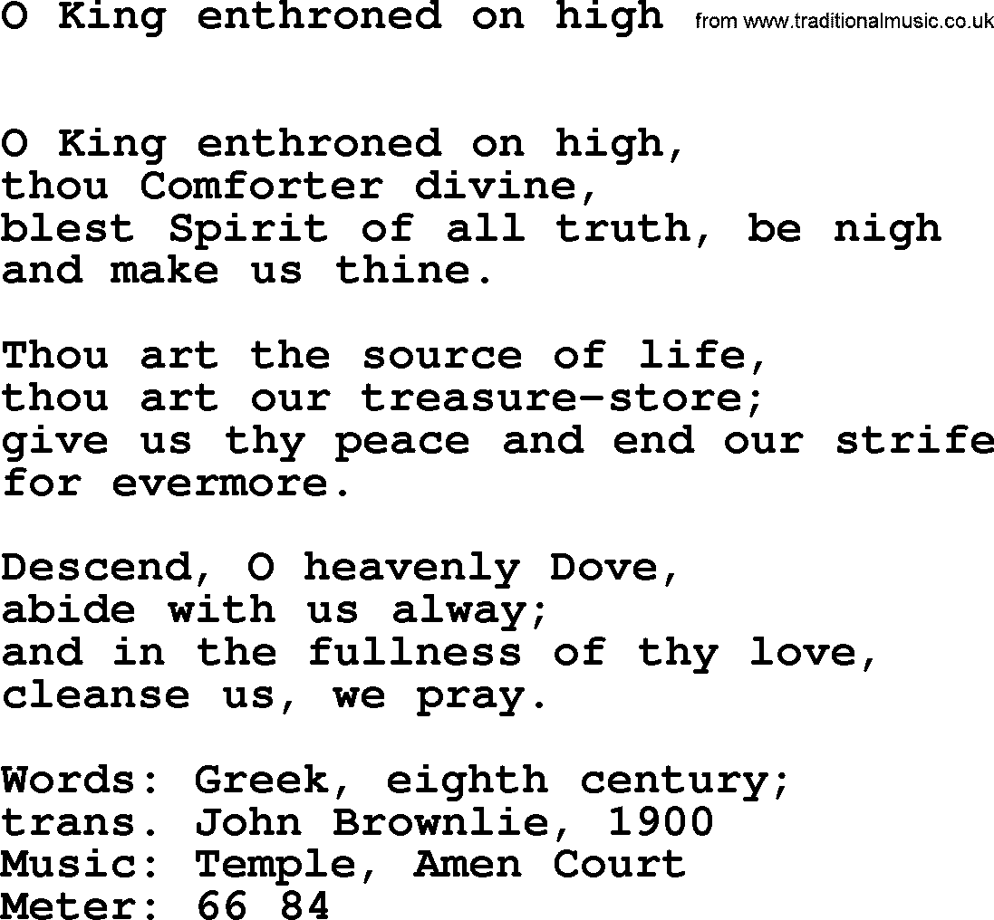 Hymns Ancient and Modern Hymn: O King Enthroned On High, lyrics with midi music