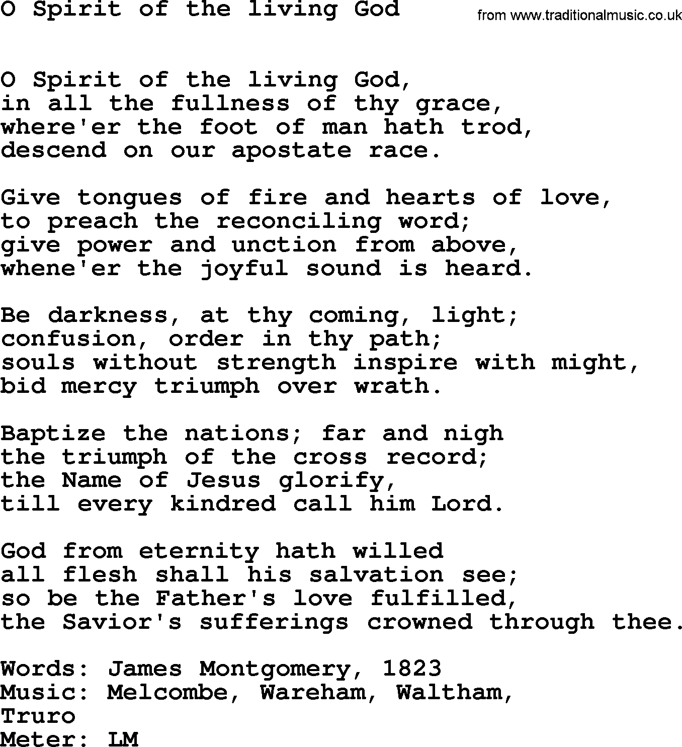 Hymns Ancient and Modern Hymn: O Spirit Of The Living God, lyrics with midi music