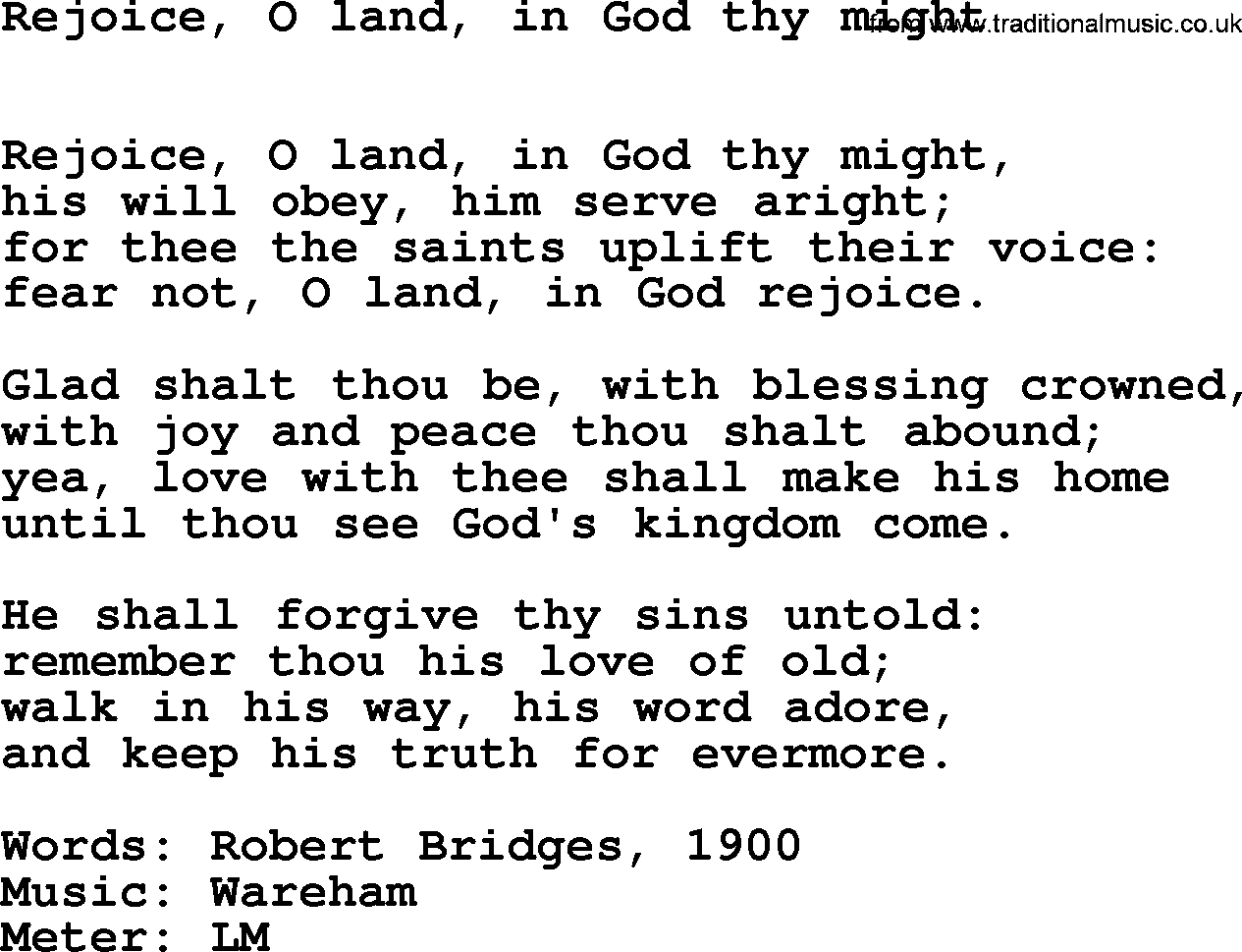 Hymns Ancient and Modern Hymn: Rejoice, O Land, In God Thy Might, lyrics with midi music