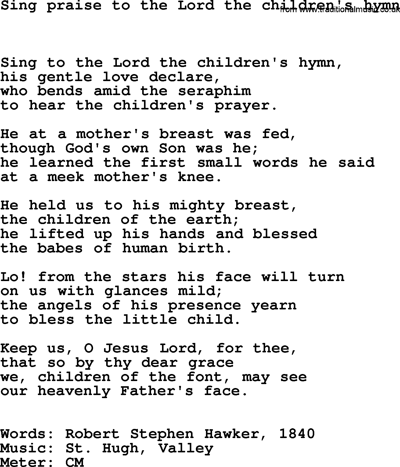 Hymns Ancient and Modern Hymn: Sing Praise To The Lord The Children's Hymn, lyrics with midi music