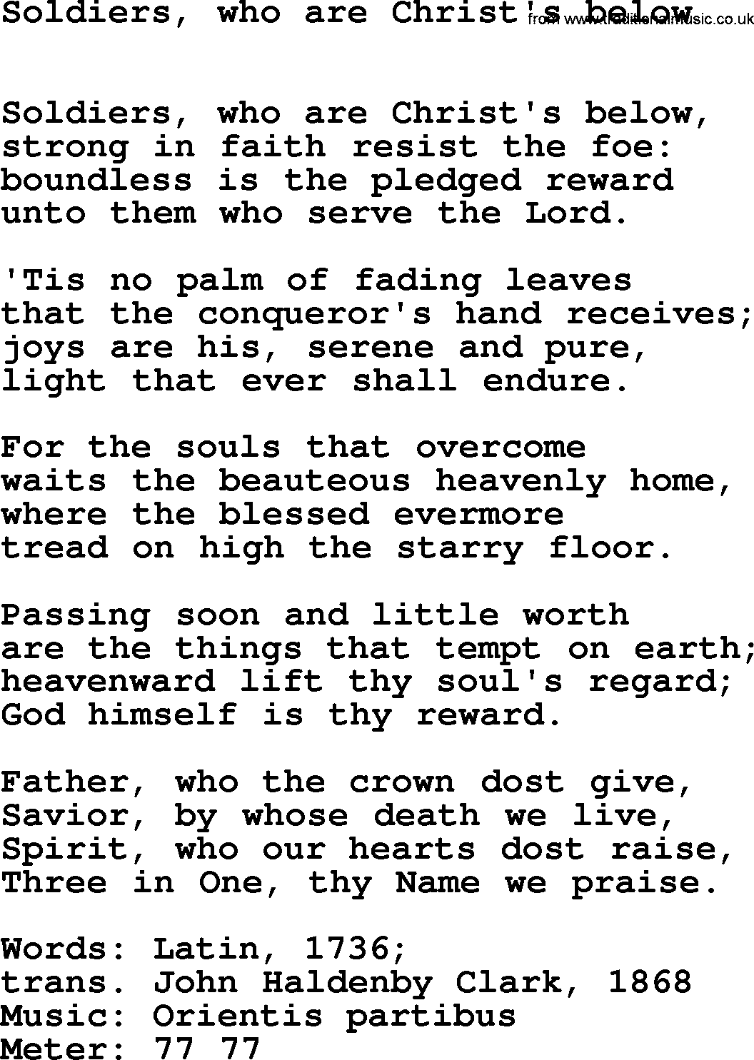 Hymns Ancient and Modern Hymn: Soldiers, Who Are Christ's Below, lyrics with midi music