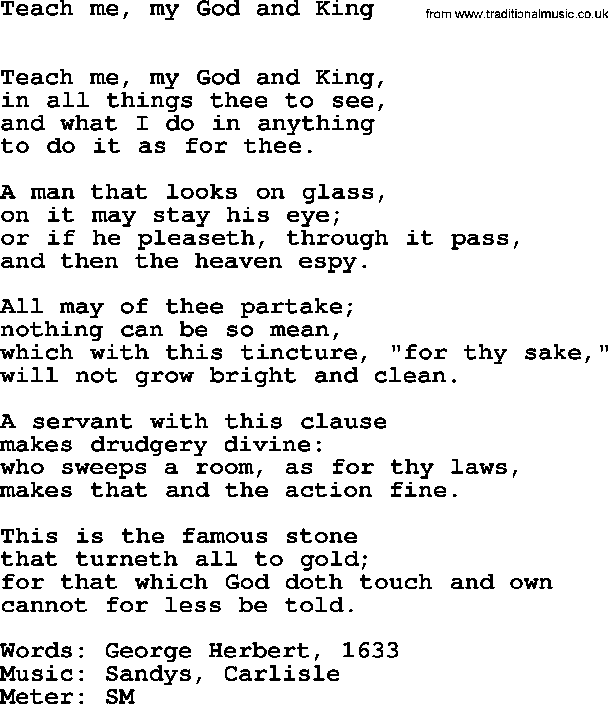 Hymns Ancient and Modern Hymn: Teach Me, My God And King, lyrics with midi music