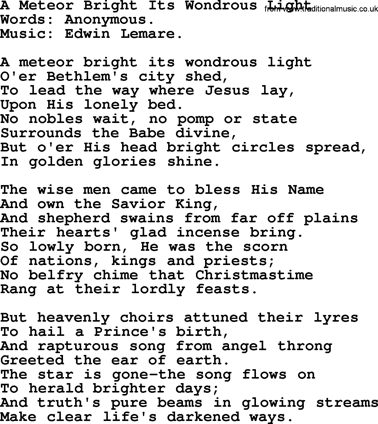 Hymns about Angels, Hymn: A Meteor Bright Its Wondrous Light.txt lyrics with PDF