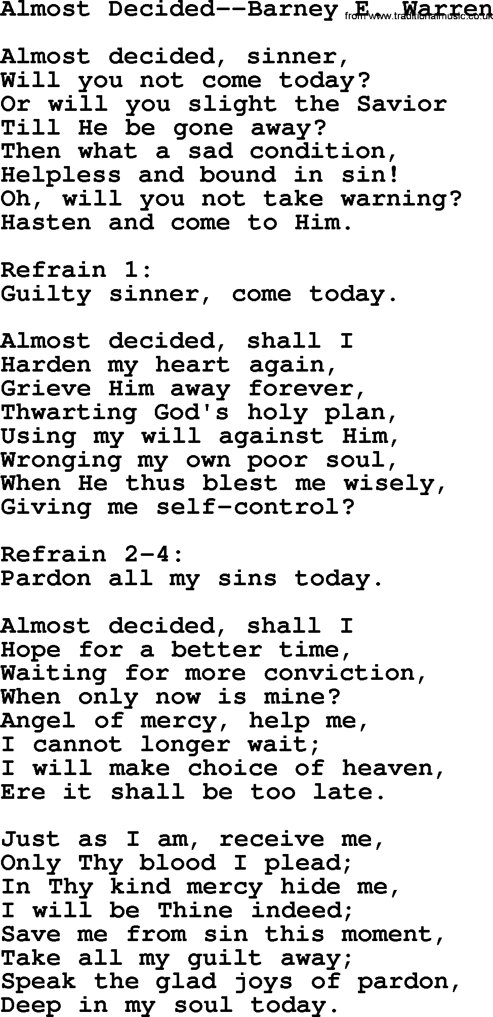 Hymns about Angels, Hymn: Almost Decided--barney E. Warren.txt lyrics with PDF