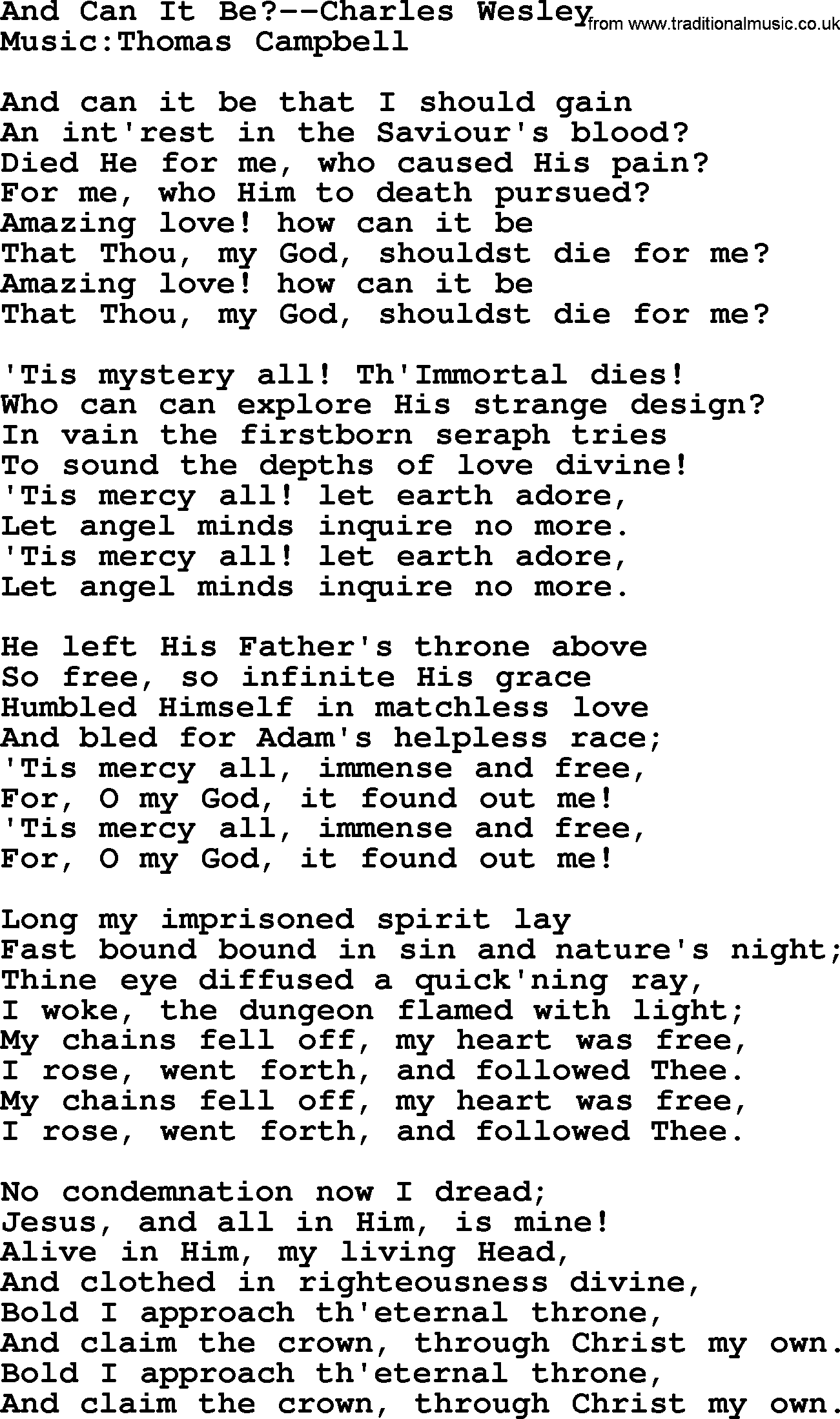Hymns about Angels, Hymn: And Can It Be--charles Wesley.txt lyrics with PDF