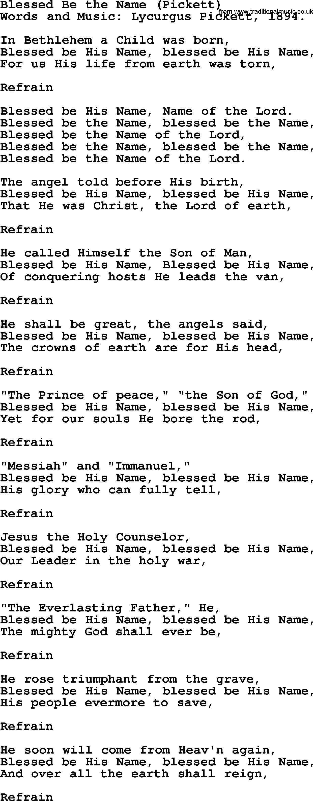 Hymns about Angels, Hymn: Blessed Be The Name (pickett).txt lyrics with PDF