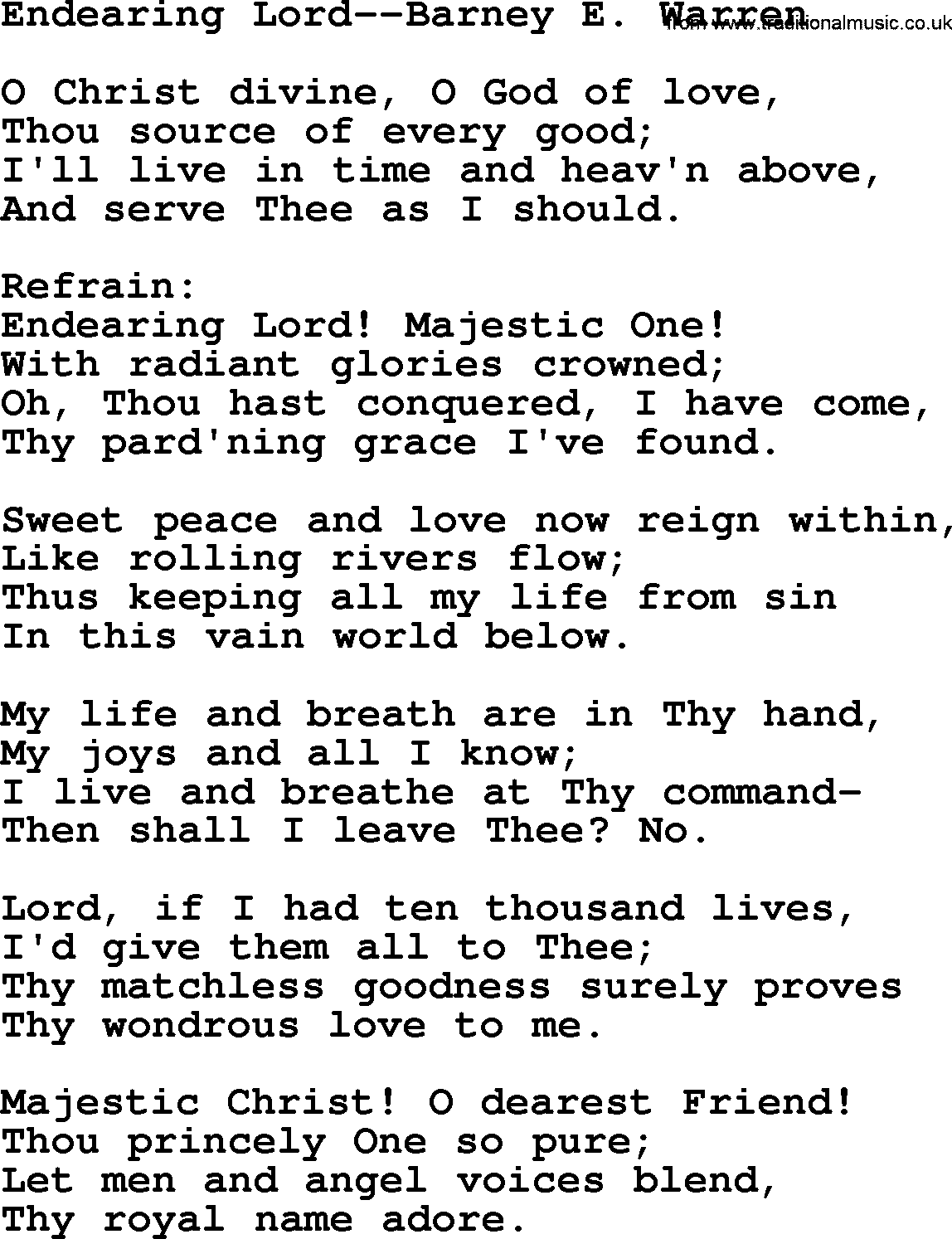 Hymns about Angels, Hymn: Endearing Lord--barney E. Warren.txt lyrics with PDF
