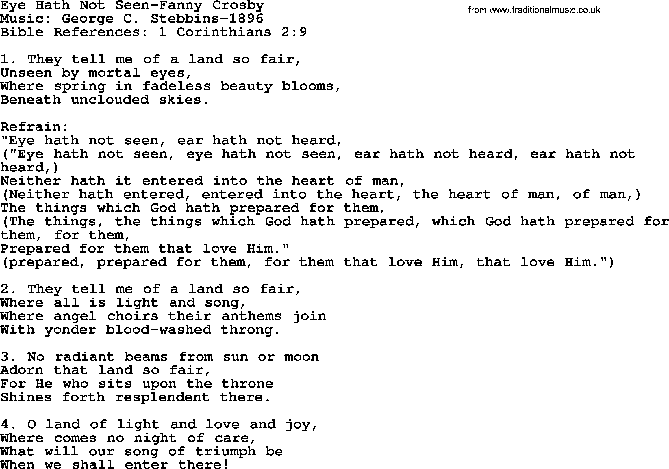 Hymns about Angels, Hymn: Eye Hath Not Seen-fanny Crosby.txt lyrics with PDF